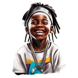 May include: A young boy with dreadlocks smiles brightly. He is wearing a white t-shirt with a colorful design, a black headband, and a silver chain necklace.