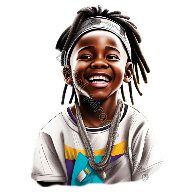 May include: A young boy with dreadlocks smiles brightly. He is wearing a white t-shirt with a colorful design, a black headband, and a silver chain necklace.