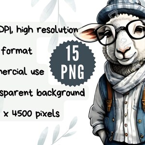May include: A cartoon illustration of a white sheep wearing a blue and white patterned vest, a white scarf, and a blue and white patterned hat. The sheep is wearing round glasses and has a friendly expression. The image is set against a white background with blue and white floral accents.