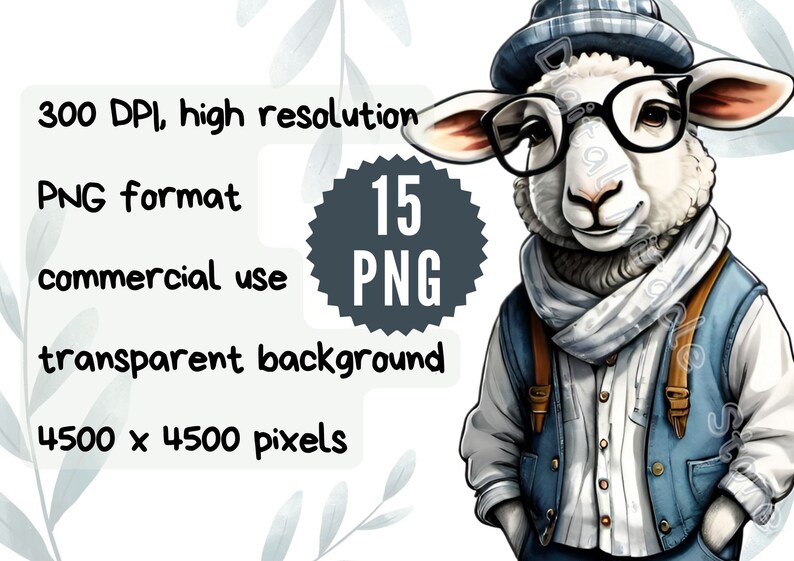 May include: A cartoon illustration of a white sheep wearing a blue and white patterned vest, a white scarf, and a blue and white patterned hat. The sheep is wearing round glasses and has a friendly expression. The image is set against a white background with blue and white floral accents.
