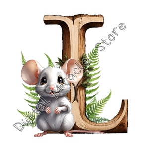 May include: A white mouse with pink ears sits in front of a wooden letter L. The letter is decorated with green ferns.