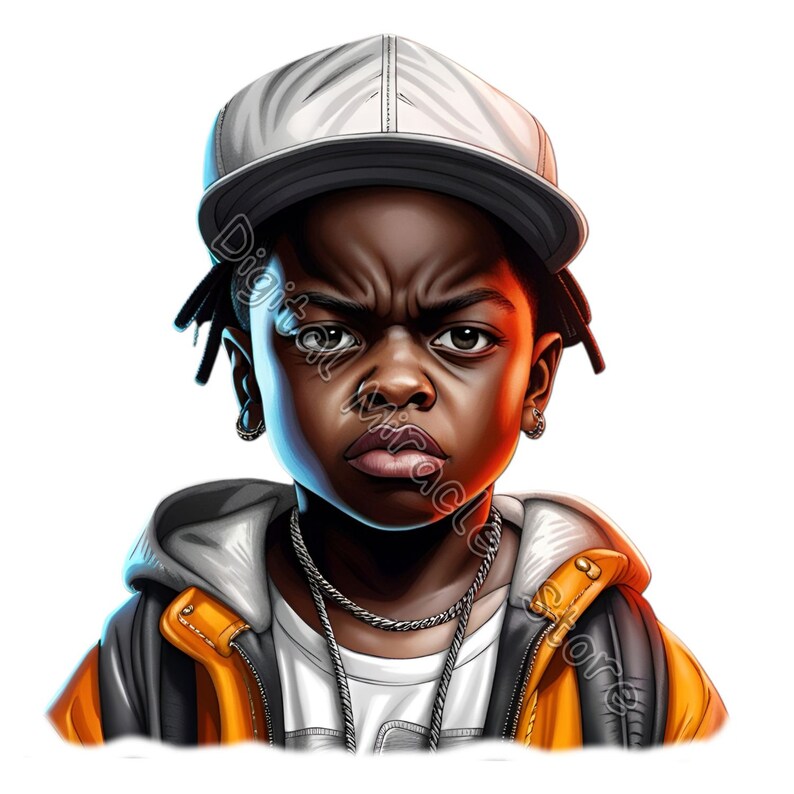 May include: A young boy with a serious expression wears a white baseball cap, a yellow and black jacket, and a white t-shirt with a silver chain necklace.