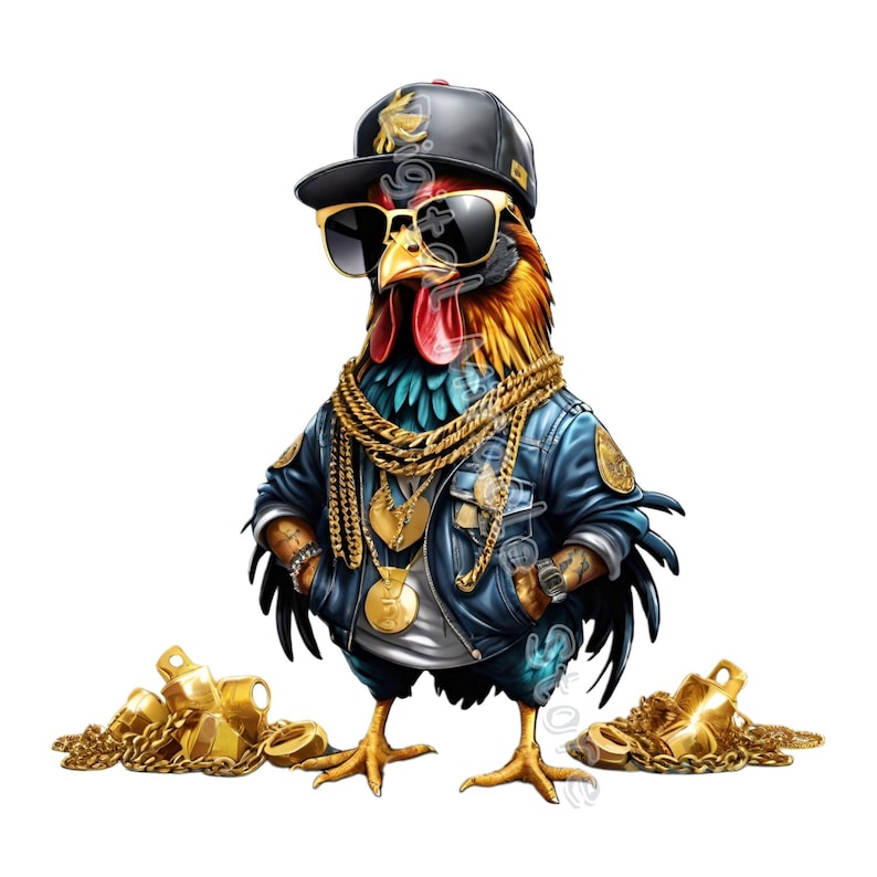 May include: A cartoon rooster wearing a black baseball cap, sunglasses, a blue denim jacket, and gold chains. The rooster is standing on a white background with a pile of gold chains and bells in front of it.