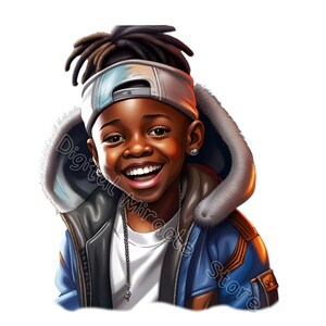 May include: A young boy with dreadlocks smiles while wearing a blue jacket with a fur-lined hood, a white t-shirt, a silver chain necklace, and a gray and blue baseball cap.