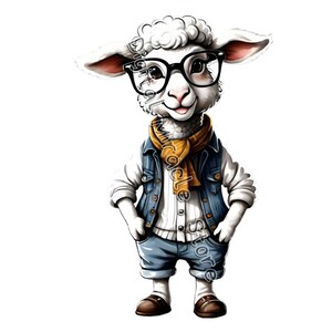 May include: A white sheep wearing a blue denim vest, a white shirt, blue jeans, and a yellow scarf. The sheep is wearing round, black-rimmed glasses.