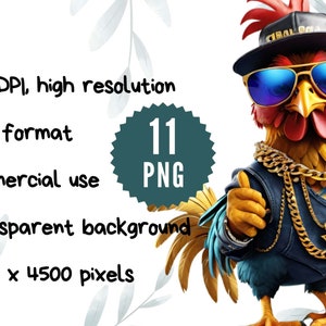 May include: A cartoon rooster wearing a blue jacket, sunglasses, and gold chains. The rooster is wearing a black baseball cap with the word "COOL" on it. The image is a digital illustration with a transparent background.
