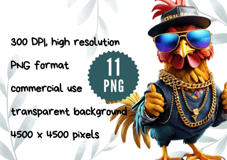 May include: A cartoon rooster wearing a blue jacket, sunglasses, and gold chains. The rooster is wearing a black baseball cap with the word "COOL" on it. The image is a digital illustration with a transparent background.