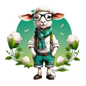 May include: A cartoon illustration of a white sheep wearing green and white checkered suspenders, a green and white checkered scarf, and round black glasses. The sheep is standing in front of a green circle with white cauliflower plants around the edges.