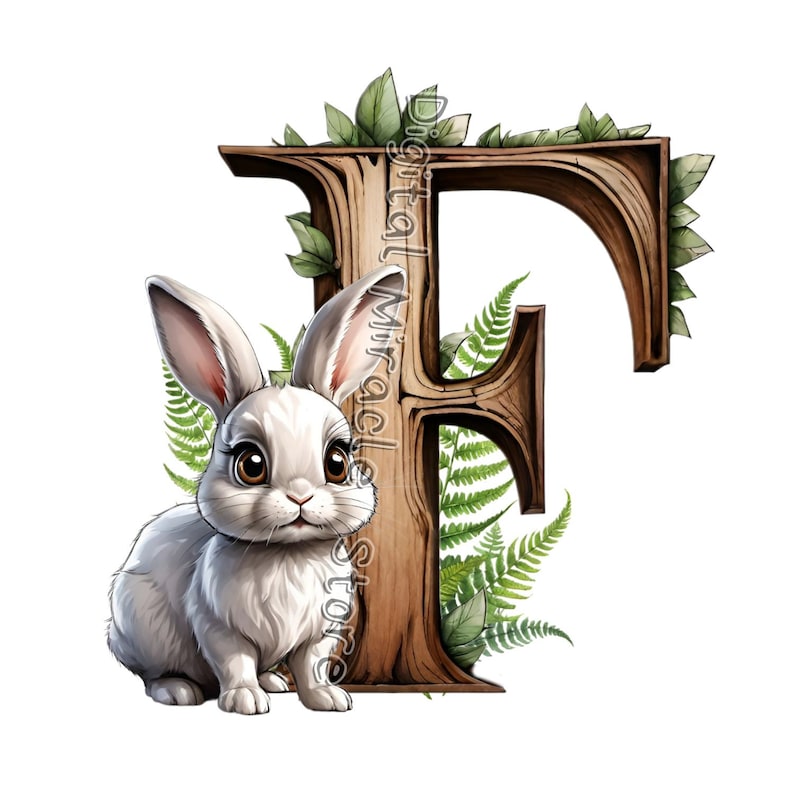 May include: A white rabbit sits in front of a wooden letter F decorated with green leaves. The letter is carved with a rustic style.