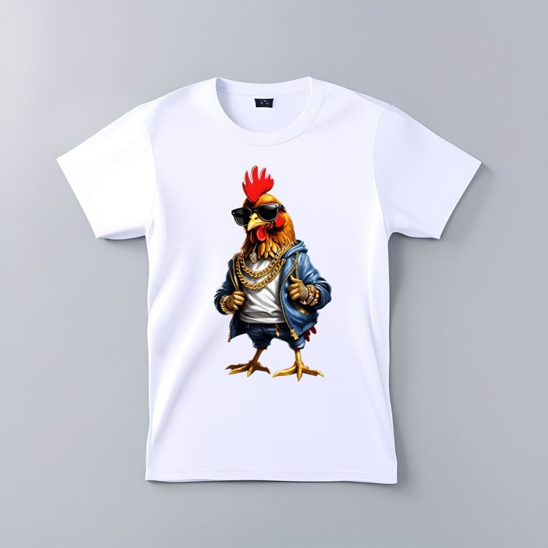 May include: White t-shirt with a graphic of a rooster wearing sunglasses, a denim jacket, and a gold chain.