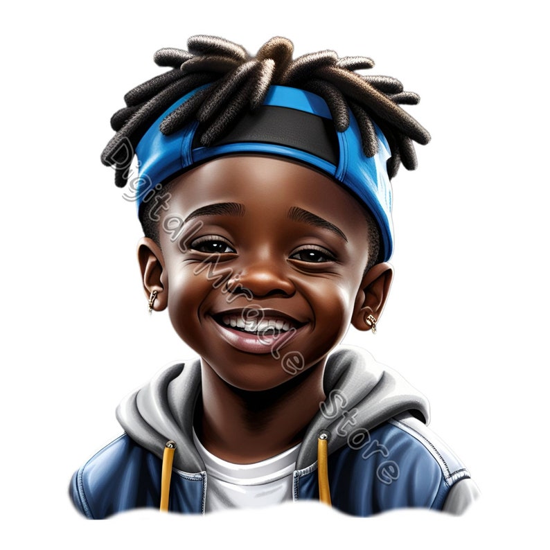 May include: A young boy with dreadlocks smiles while wearing a blue baseball cap and a blue jacket with a gray hoodie.