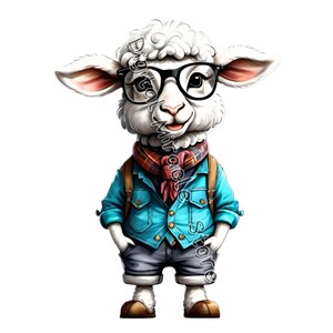 May include: A white sheep wearing blue jeans, a blue denim jacket, a red and black plaid scarf, and round black glasses. The sheep is standing with its hands in its pockets.