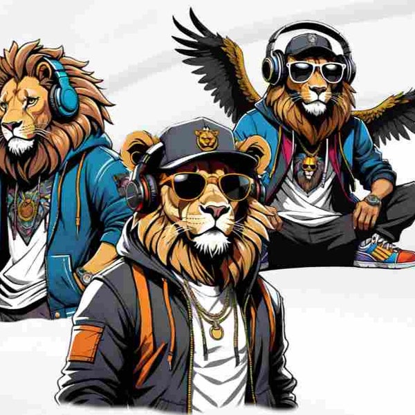 Lion with Headphones, Hipster Lion, Lion Streetwear, Lion DJ, Urban Animal PNG, Lion Clipart,Lion with Sunglasses, Lion in Hoodie,Urban Lion