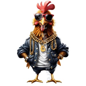 May include: A cartoon rooster wearing sunglasses, a denim jacket, and a gold chain necklace. The rooster has a red comb and wattle.