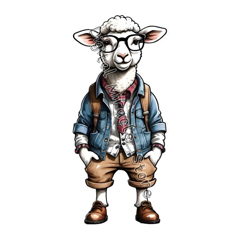 May include: A white sheep wearing a blue denim jacket, brown pants, a red and white tie, and black framed glasses. The sheep is wearing a backpack and has a friendly expression.