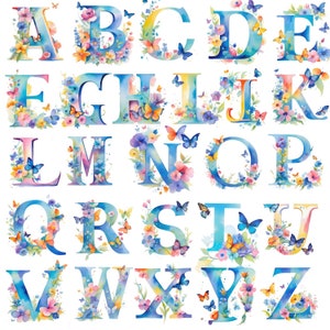 May include: Watercolor alphabet letters A through Z with floral and butterfly designs. Each letter is surrounded by colorful flowers and butterflies in shades of blue, pink, yellow, and green.