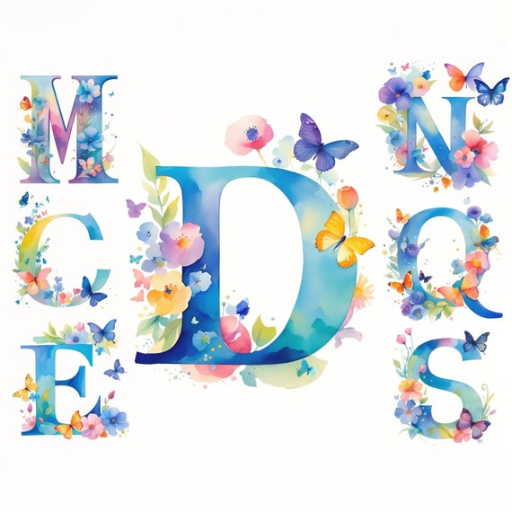 Butterfly Alphabet Clipart, Alphabet PNG, Floral Letters Clipart, Botanical Alphabet, Floral Name PNG, Watercolor Alphabet, Printable Letter