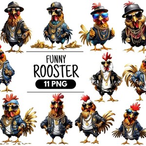 May include: Eleven digital illustrations of cartoon roosters wearing sunglasses, hats, and jewelry. The roosters are in various poses and have different expressions. The text "FUNNY ROOSTER 11 PNG" is at the bottom of the image.