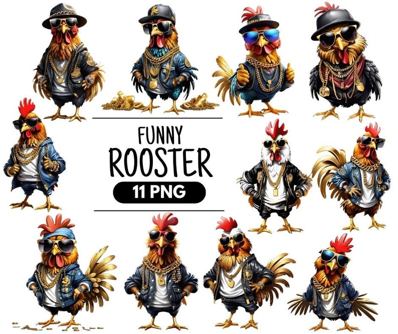May include: Eleven digital illustrations of cartoon roosters wearing sunglasses, hats, and jewelry. The roosters are in various poses and have different expressions. The text "FUNNY ROOSTER 11 PNG" is at the bottom of the image.