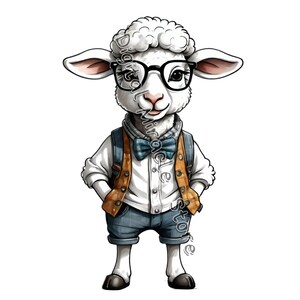 May include: A white sheep wearing a white button-down shirt, a blue bow tie, brown suspenders, and blue denim shorts. The sheep is wearing round glasses and has a friendly expression.