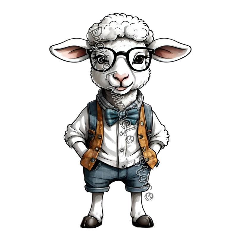 May include: A white sheep wearing a white button-down shirt, a blue bow tie, brown suspenders, and blue denim shorts. The sheep is wearing round glasses and has a friendly expression.