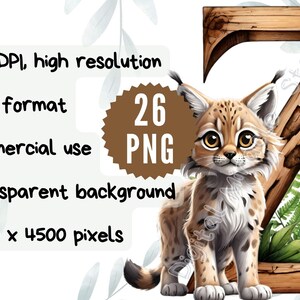 May include: A digital illustration of a brown and white lynx kitten standing in front of a wooden letter Z. The letter is surrounded by green ferns. The image is 4500 x 4500 pixels and 300 DPI.  26 PNG files are included.