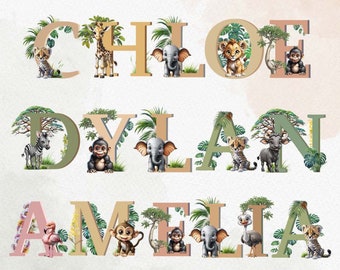 Jungle Alphabet, Cute Safari Animals Clipart, Jungle Animal Clipart, Personalizes Name, Jungle Letters, Safari Alphabet, Safari Letters