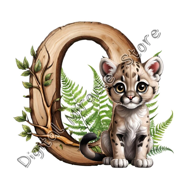 May include: A brown and white baby cougar sitting in front of a wooden letter O with green ferns and leaves.
