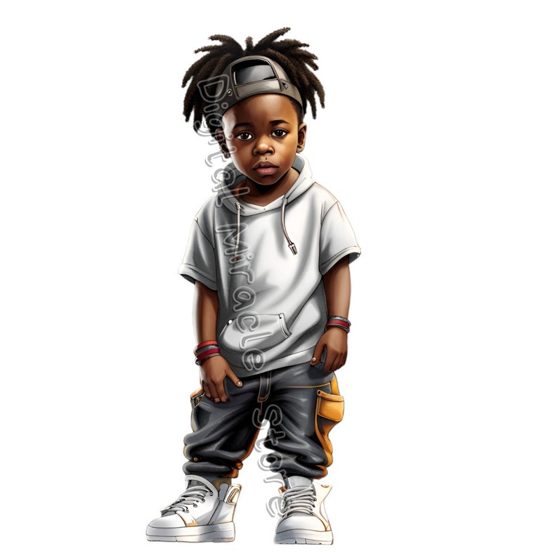 May include: A young boy with dreadlocks wears a white hoodie, black pants with yellow accents, and white sneakers. He is wearing a black baseball cap with a gray brim.