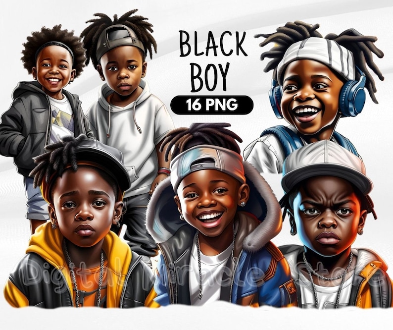 May include: Digital illustration of six Black boys with different hairstyles and clothing. The boys are wearing various accessories, including hats, headphones, and necklaces. The image is titled "Black Boy" and includes the text "16 PNG".