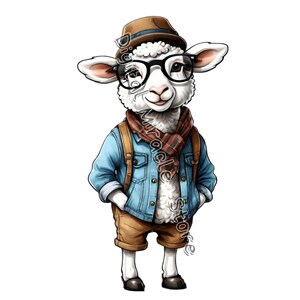 May include: A white sheep wearing a brown hat, blue denim jacket, brown pants, and a red and black scarf. The sheep is wearing round glasses and has a friendly expression.