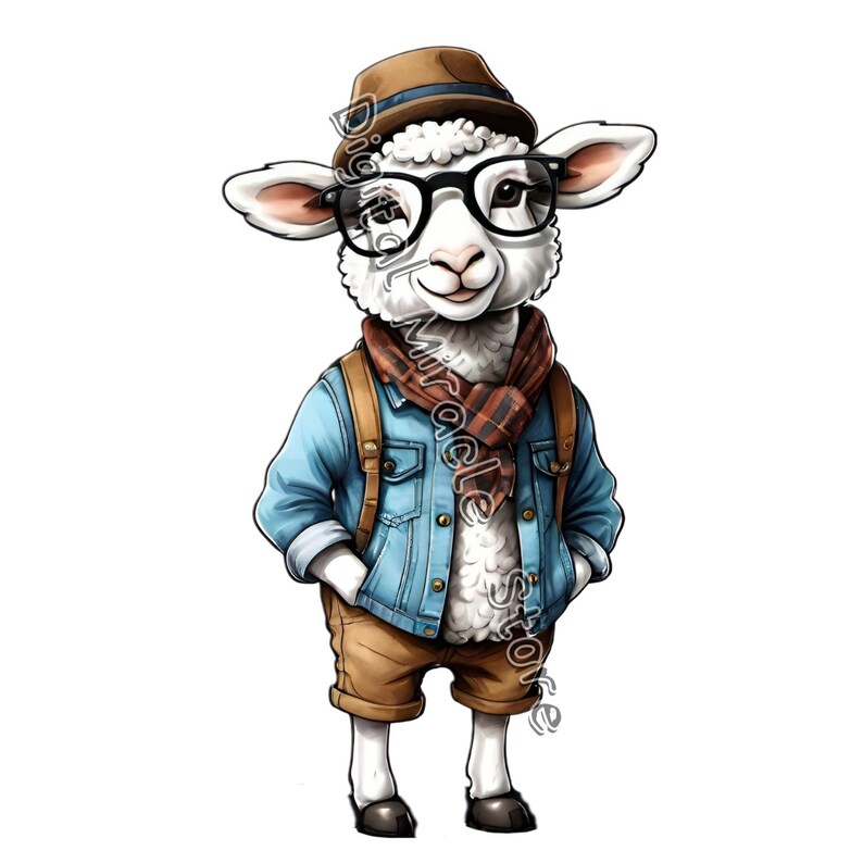 May include: A white sheep wearing a brown hat, blue denim jacket, brown pants, and a red and black scarf. The sheep is wearing round glasses and has a friendly expression.