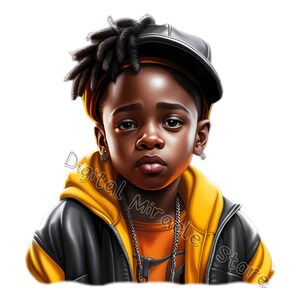 May include: A young boy with dreadlocks wears a black leather jacket, a yellow hoodie, and a black baseball cap. He has a serious expression on his face.