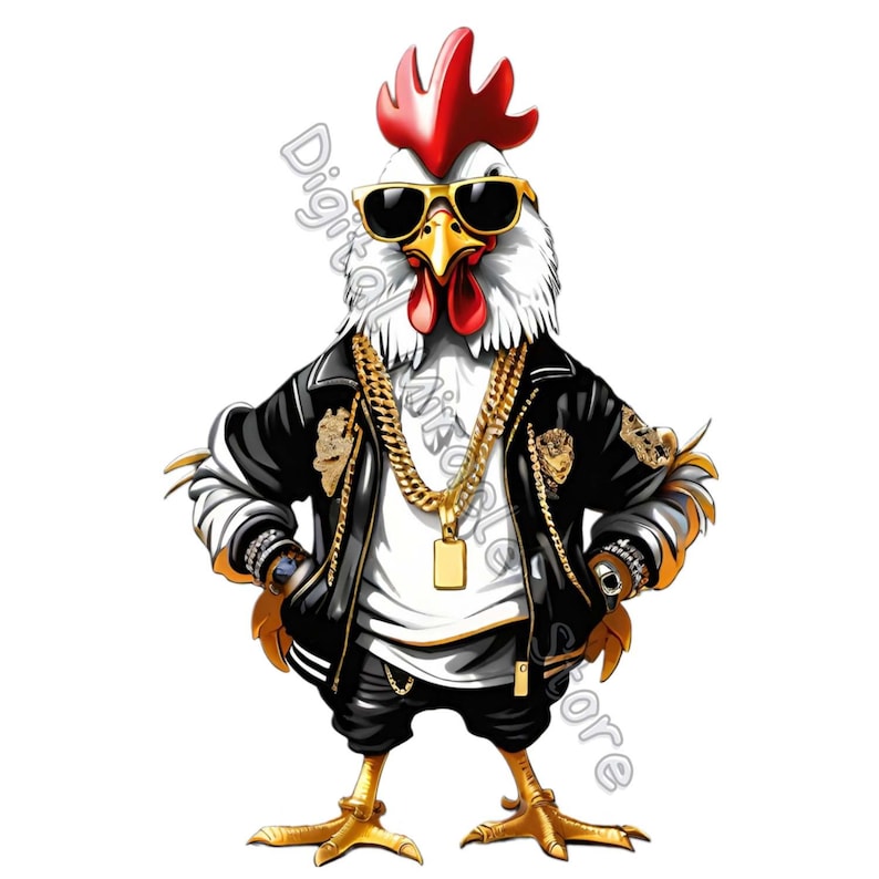 May include: A white rooster wearing sunglasses, a black leather jacket, and gold chains. The rooster has a red comb and wattle.