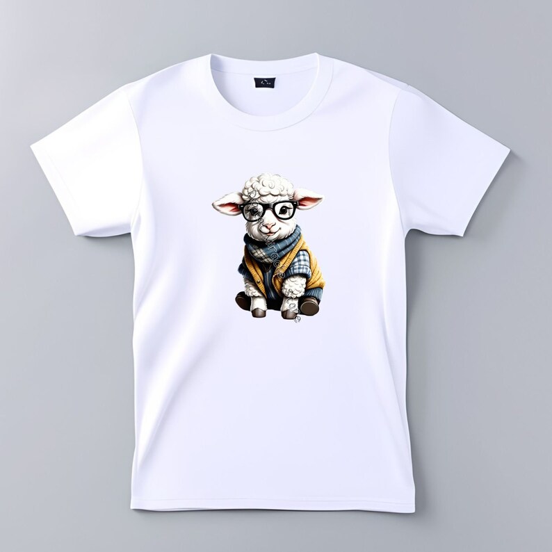May include: White t-shirt with a graphic of a cute cartoon sheep wearing glasses and a blue and yellow sweater.
