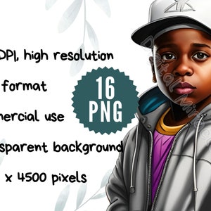 May include: A digital illustration of a young person wearing a grey hooded jacket with a white baseball cap. The person has dark skin and is looking at the camera. The background is transparent.