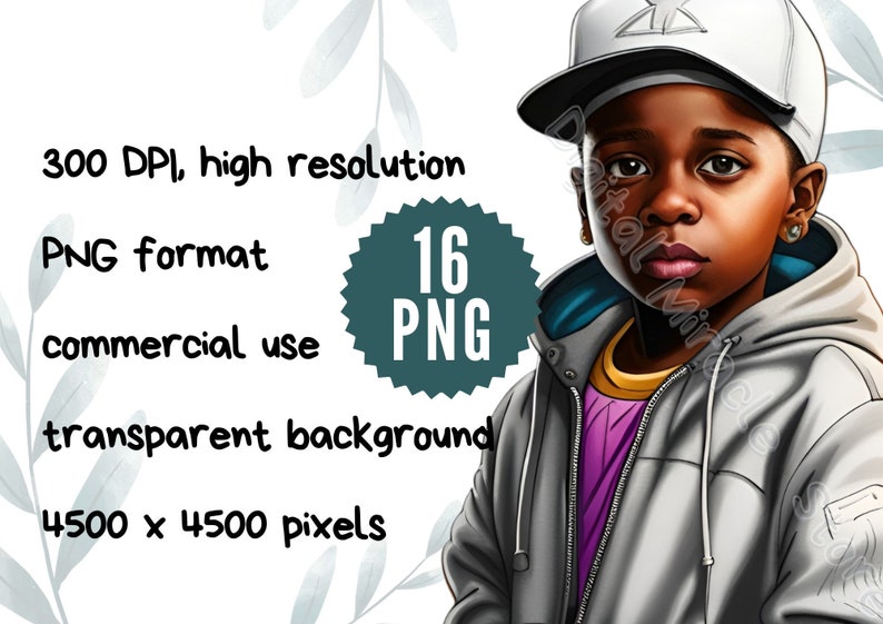 May include: A digital illustration of a young person wearing a grey hooded jacket with a white baseball cap. The person has dark skin and is looking at the camera. The background is transparent.
