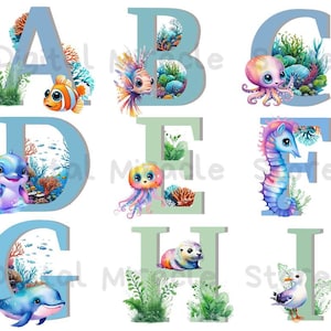 Alfabeto oceánico, nombre de la letra del océano, vivero náutico, fuente oceánica, alfabeto náutico, vivero submarino, animales lindos del océano, alfabeto digital