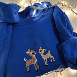 Rudolph and Clarice Embroidered Christmas Sweatshirt: Reindeer Holiday Crewneck