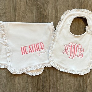 Custom Embroidered Monogram Bib and Burp Cloth Set, Baby Shower Gift, Personalized Baby Girl Set, Ruffle Baby Bib and Burp Cloth