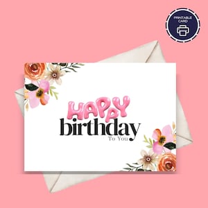 Cartão de aniversário para impressão com balões rosa, cartão de aniversário floral, impressão em casa, download instantâneo, cartão de aniversário para ela, cartão de aniversário digital