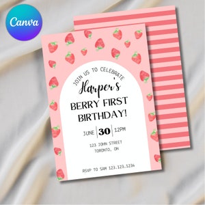 Berry First Birthday Invitation | Strawberry Birthday Party Invite | Printable Editable Canva Template | Editable Invitation