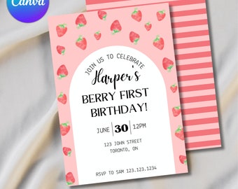 Berry First Birthday Invitation | Strawberry Birthday Party Invite | Printable Editable Canva Template | Editable Invitation