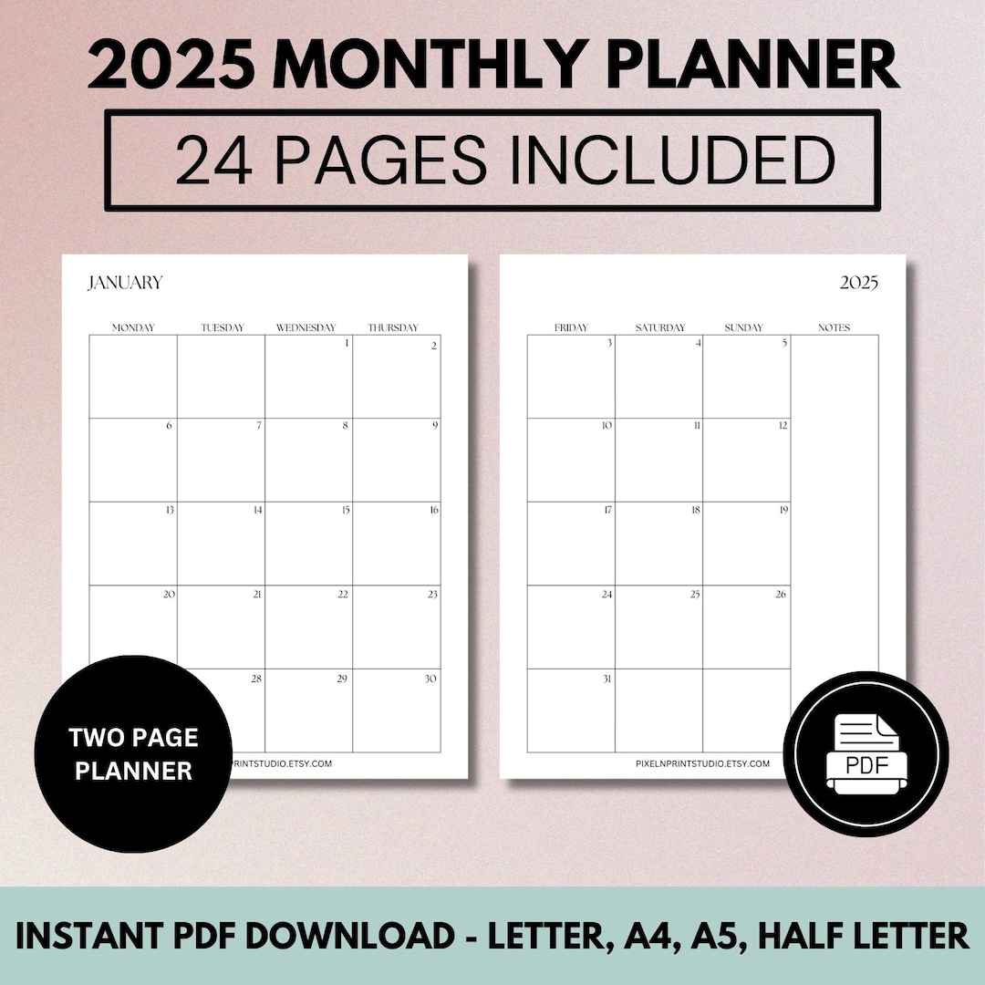 2025 Monthly Planner Printable, Dated Month on 2 Pages, 2025 Calendar ...