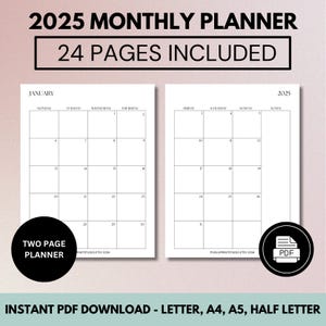 2025 Monthly Planner Printable, Dated Month on 2 Pages, 2025 Calendar, Month At a Glance, A4/A5/Letter/Half, Instant Download