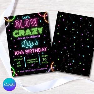 Let&#39;s Glow Crazy Birthday Invitation | Neon Glow Stick Birthday Party Invite | Printable Editable Canva Template | Editable Invitation