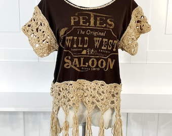 T-shirt Repurposed Pete's Saloon"  Brown with Chenille Crochet Lace Sleeves and Fringed Lace Hem