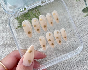 Handmade Almond Press On Nails: Golden Heart Set