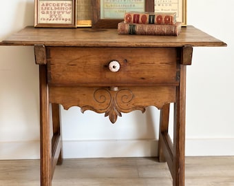 Antique Spanish Side Table with Carved Apron and Porcelain Knob