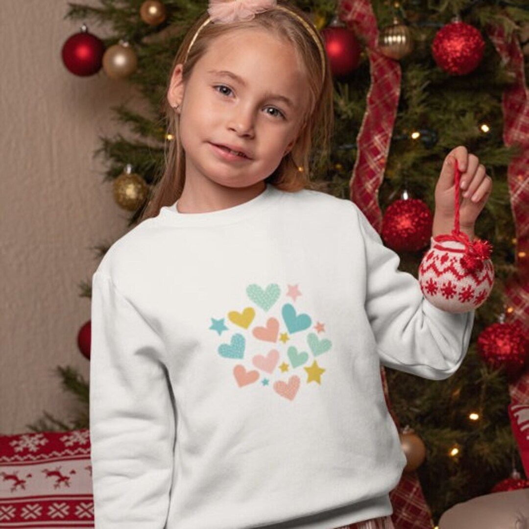 Children's Sweatshirt, White Girls' Sweater, Colorful Heart Patterned